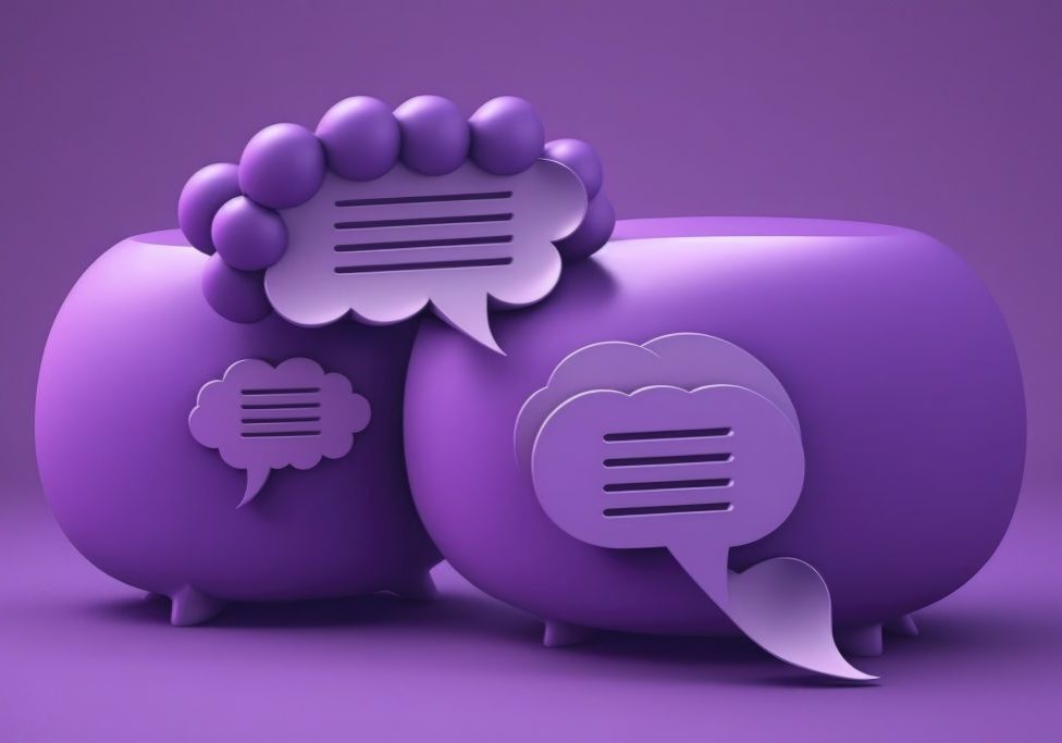 3D Speech bubble messages. Social media communication concept. Bell notification. Chat box in social network and messenger. Cartoon creative design icon isolated on purple background. 3D Rendering